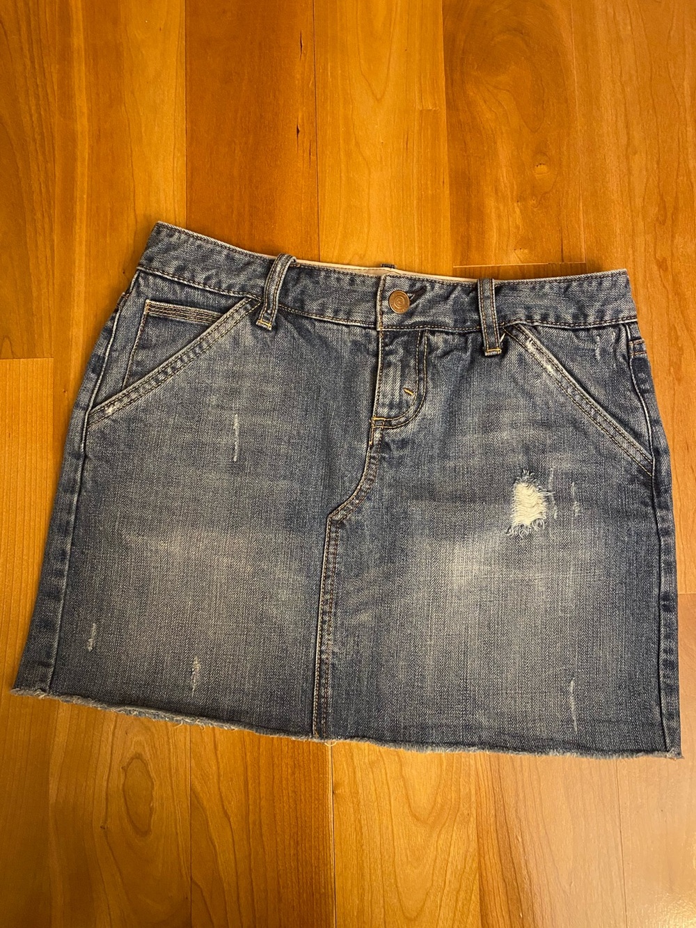 X2 Distressed Faded Blue Denim Mini Skirt